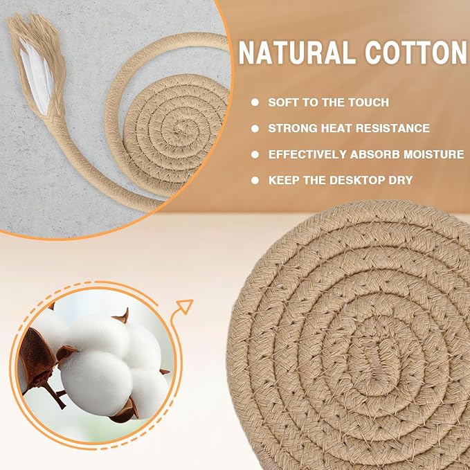 12 Pcs Handmade Woven Coasters for Drinks, Absorbent and Insulating Cotton Coasters with Seagrass Basket Holder set, Boho Perfect for Coffee Table and Home Decor
