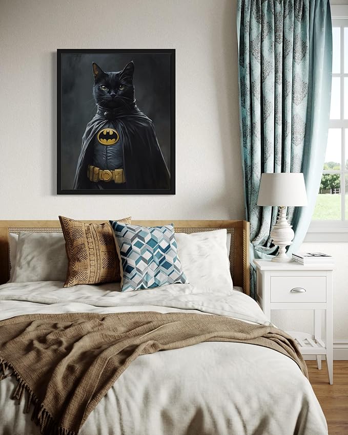 Superhero Cat Art Poster Print, Cat Kitten Painting Humor Portrait Pet Artwork Decor Gallery A8 (11 x 14 inches, Unframed)