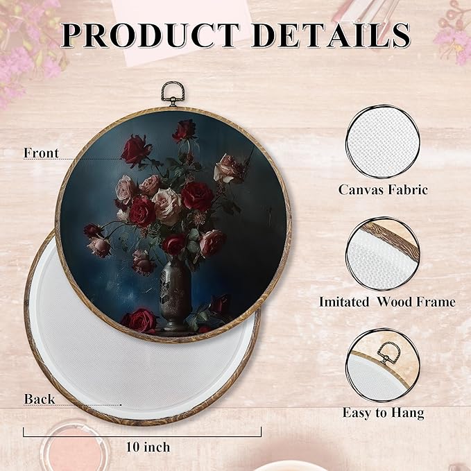FUGWN Dark Moody Rose Round Wall Art Decor Framed, Dark Academia Floral Canvas Artwork Prints, Retro Red Rose Flower Botanical Wall Hanging Decorations for Home Living Room Bedroom, 10x10 Inch