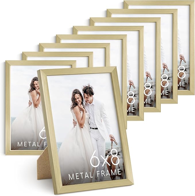 HAUS AND HUES 6x8 Gold Metal Picture Frames - Premium Aluminum with Vertical Hanging & Tabletop Display - Ideal for Home, Office (6x8 in, Gold, Set of 9)