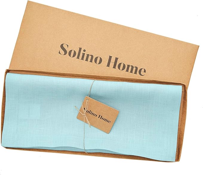 Solino Home Linen Aqua Blue Table Runner 108 Inches Long - 100% Pure Linen 14 x 108 Inch Table Runner for Dining, Spring, Easter, Winter - Fete