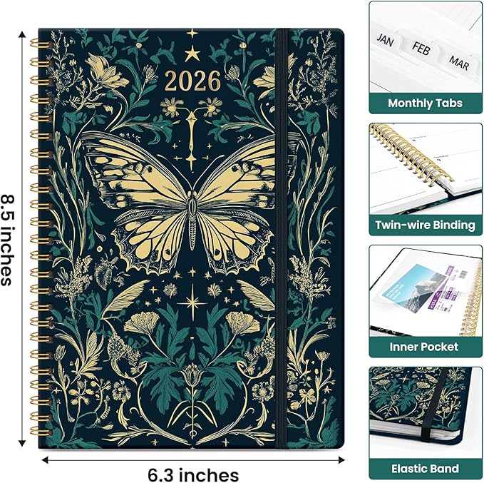 2026 Planner, Weekly and Monthly Calendar Planner for Women, Jan 2026 - Dec 2026, Hardcover Planning Agenda book with Tabs, Spiral Bound, Inner Pocket, Perfect for School Office Supplies, 6.3" x 8.5" - Enchanted Wings