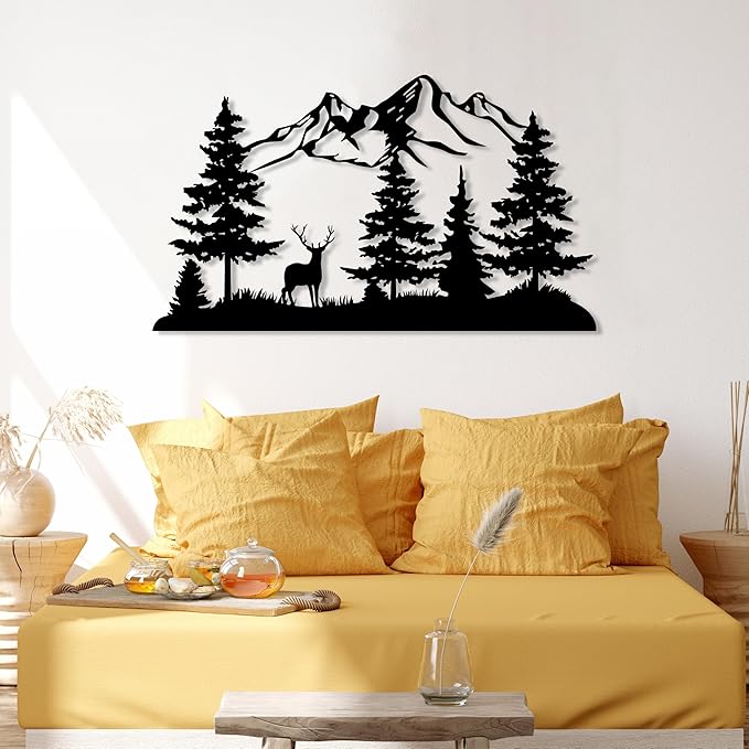 DecoSoul Mountain and Forest with Deer Metal Wall Decor, Hill and Trees Large Metal Wall Art, Nature and Forest Decor, Outdoor Lovers Gift, Home Decoration, Housewarming Gift for Living Room