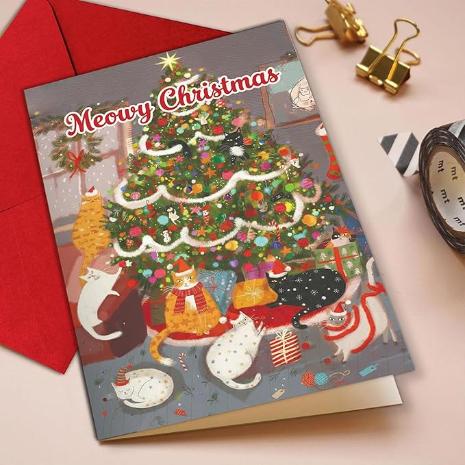 (5.3x8in) Meowy Christmas Card with Envelope, Cute Funny Cat Holiday Greeting with Festive Tree and Kittens, Adorable Christmas Card for Cat Lovers, Friends, Family, and Pet Owners (Xmas 27)