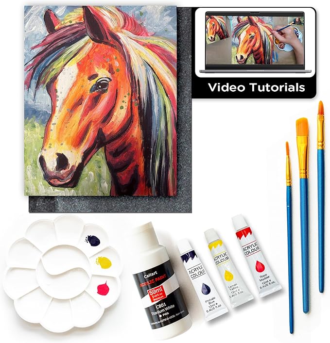 DIY Painting Class Kit for Adults with Video Tutorials: Learn to Paint Radiant Horse – How to Paint with Acrylics – Painting & Art Supplies – 9 Piece Acrylic Paint Set