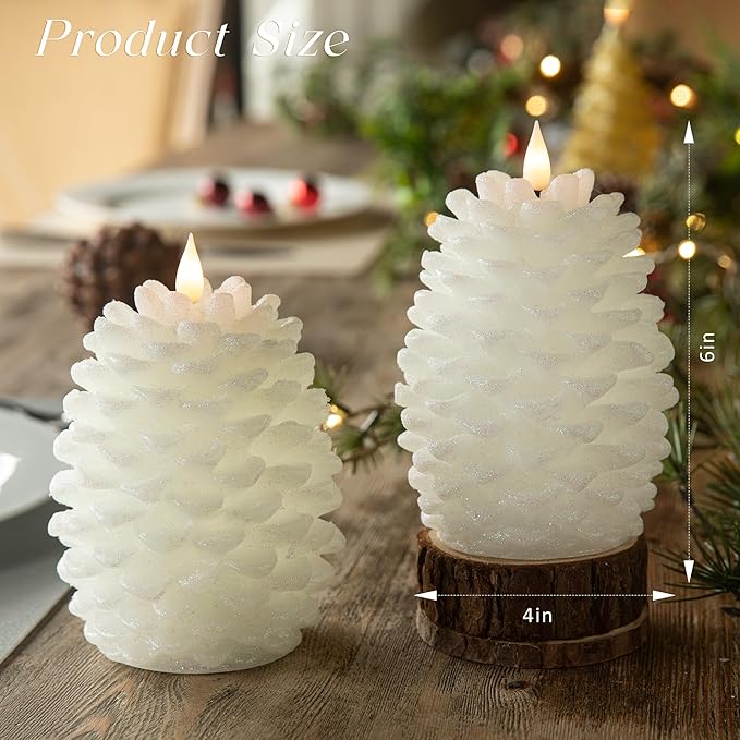 Pinecone Flameless Candles with Remote Timer, 2 Pack Real Wax Battery Operated LED Candles for Christmas Decorations, Rustic Holiday Table Centerpieces, Winter Home Décor White