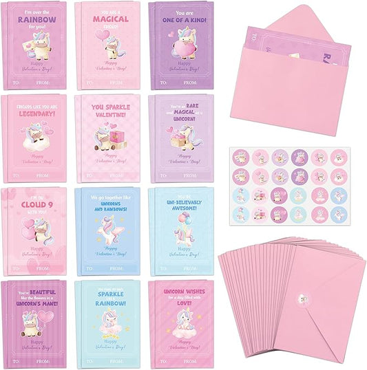 TICIAGA 72pcs Valentine's Day Unicorn Greeting Card with Envelop and Stickers for Kids, Charming Design Unicorn Notecard Gift Cards for Boys and Girls School Classroom Exchange, Valentines Party Favor