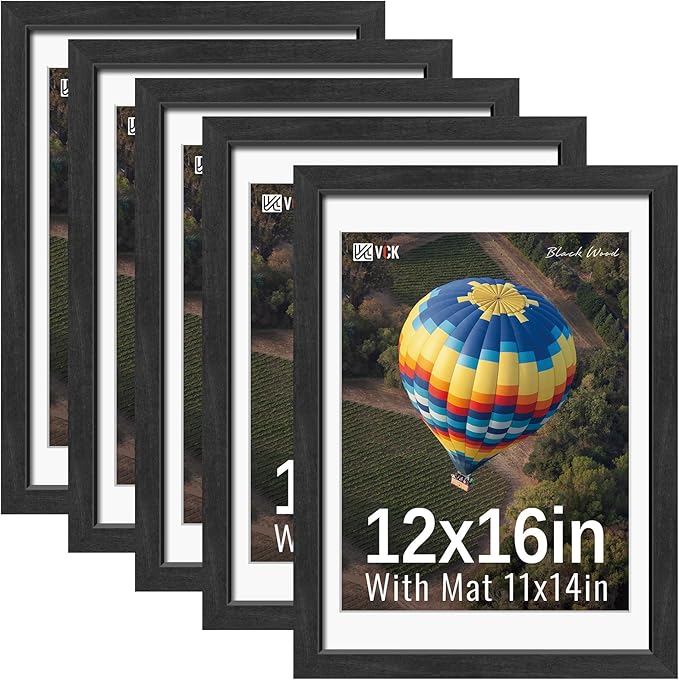 VCK 12x16 Picture Frames Black Set of 5, Wide Border Wood, Tempered Glass, Display 11x14 Photo with Mat or 12 x 16 without, for Home, Office, Gallery, Woodgrain Series, Wall Hanging