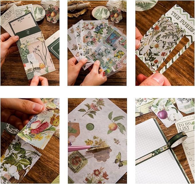 Scrapbooking Supplies Kit, Vintage Botanical Aesthetic Scrapbook Kit for Bullet Junk Journal, Stationery, A6 Grid Notebook, Flower DIY Journaling Supplies, Birthday Craft Gift Teen Girl Kid Women