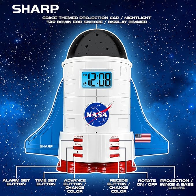 Sharp NASA Space Shuttle Night Light Alarm Clock – Wings and Booster Lights Up – Space Design Nightlight Fun with 4 Color Options and 2 Space Themes for Bedroom, Great Gift!