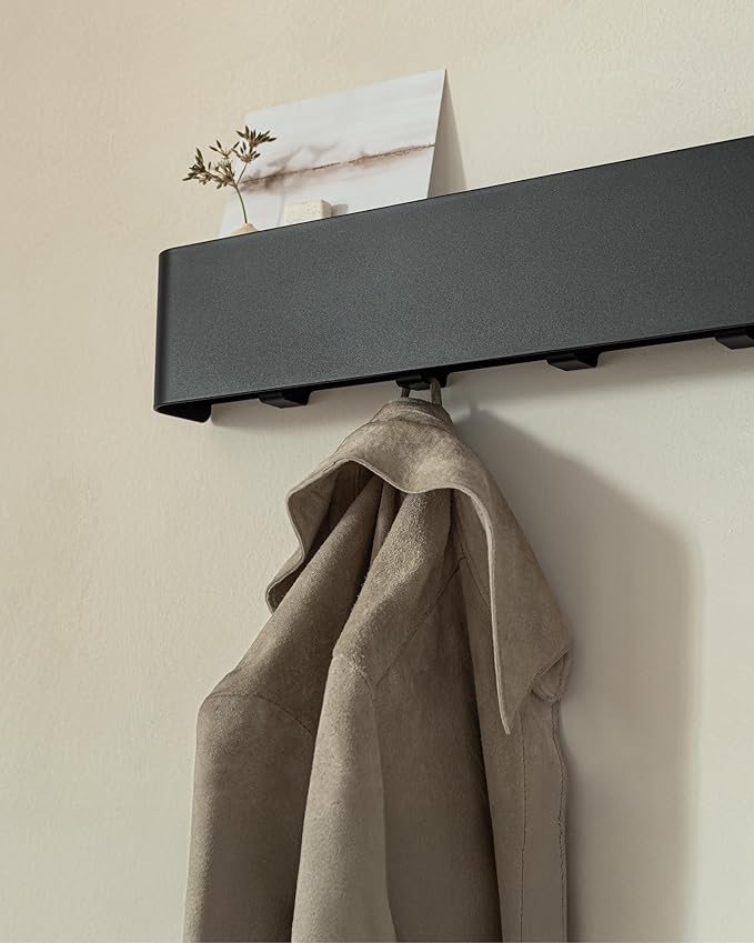Kazai.®️ Coat Rack Wall Mount with Shelf 'Tone' | Modern Design Coat Hanger with Hidden Hooks and Storage | Hat Rack with Shelf in Metal | Wall-Mounted Purse Organizer | Black