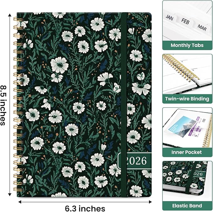 2026 Planner, Weekly and Monthly Calendar Planner for Women, Jan 2026 - Dec 2026, Hardcover Planning Agenda book with Tabs, Spiral Bound, Inner Pocket, Perfect for School Office Supplies, 6.3" x 8.5" - Light Floral