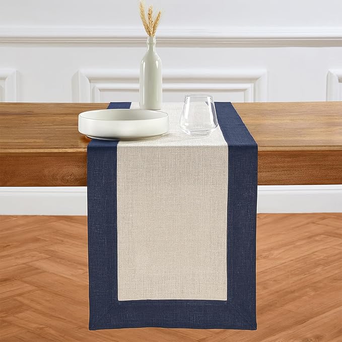 Solino Home Linen Table Runner 108 Inches Long - Navy and Natural 100% Pure Linen 14 x 108 Inch Table Runner for Dining, Winter - Contempo