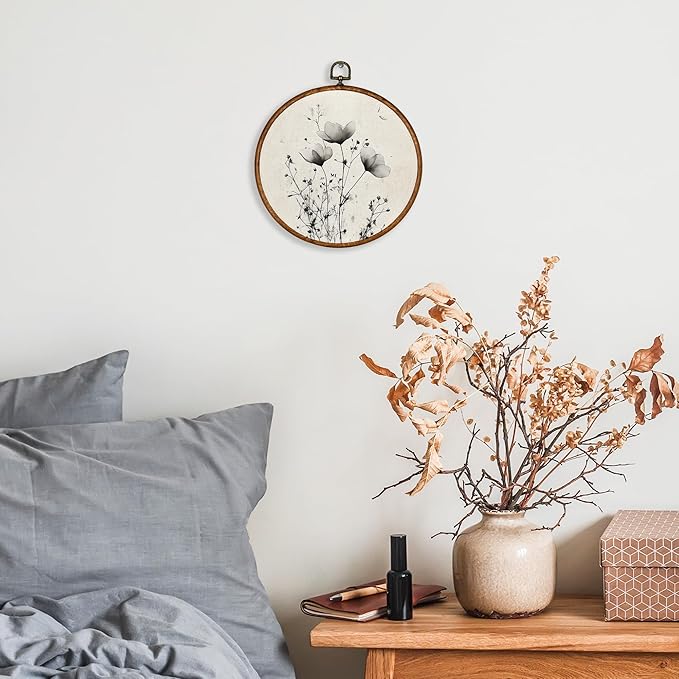 KSDUT Vintage Boho Mid Century Flower Floral Wall Decor Art - Black Botanical Neutral Wall Art Canvas Frame Hanging Prints, Retro Landscape Wildflower Round Wall Art Decor for Home Decorations 10"x10"