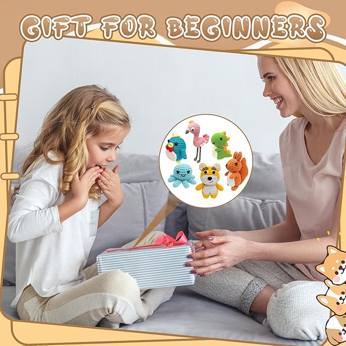 FHFTHYH 6Pcs Crochet Kit for Beginners, DIY Craft for Adults and Kids, Great Gift for Crochet Lovers, Crocheting Animal Kits with Step by Step Videos,Yarn,Crochet Hook,Birthday Holiday Gift