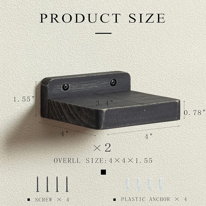 Freezing point Small Floating Shelf for Wall Set of 2 Natural Wood 4Inch Mini Wall Shelves Decor Plant Display Collectibles Mounted Kitchen Bathroom Bedroom Corner Decorative Storage Tiny Stand Black