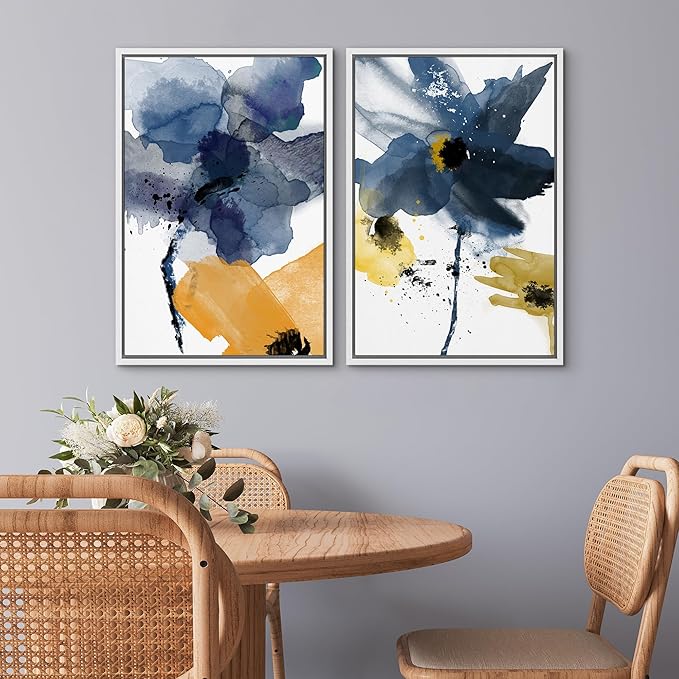 SIGNWIN Framed Wall Art Print Set Watercolor Splash Blue & Yellow Daisies Floral Botanical Illustrations Modern Art Chic Colorful Relax/Calm for Living Room, Bedroom, Office - 16"x24"x2 White
