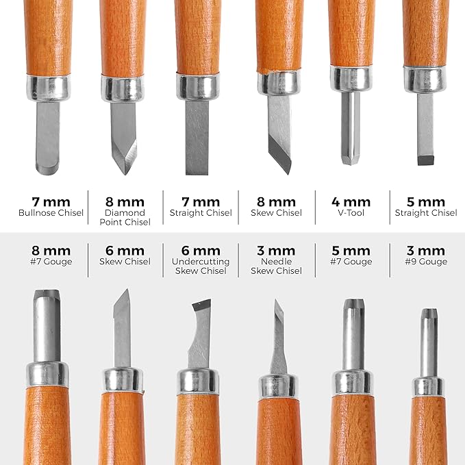 Beginner-Friendly Wood Carving Kit, 15pc Wood Carving Tools Set with Razor Sharp Carving Knives & Mini Chisels, Linoleum Carving, and Woodworking for DIY Crafts from Schaaf (Large)