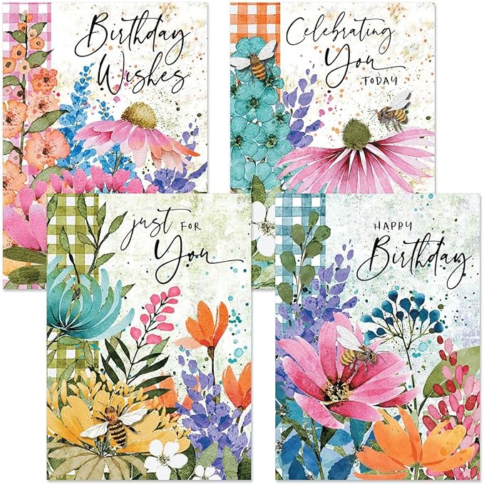 Current Floral Bees Birthday Cards - Set of 8 (4 designs, 2 each), 5 x 7 Inches, Sentiments Inside, Envelopes Included, Assortment Set
