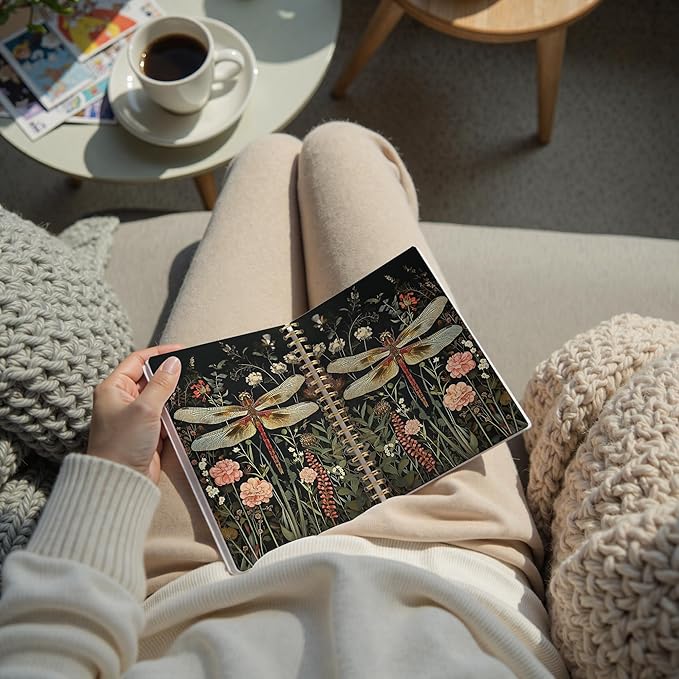 Vintage Floral Dragonfly Notebook, Dark Green Cottagecore Botanical Dragonfly Journal, Rustic Dark Academia Insect Spiral Notebook Journal, 5.5x8.3 Inch