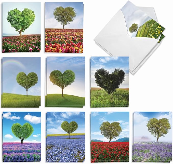 The Best Card Company - 20 Cute Boxed Cards (4 x 5.12 Inch) - Assorted Blank Set (10 Designs, 2 Each) - Heart Trees AM8994OCB-B2x10