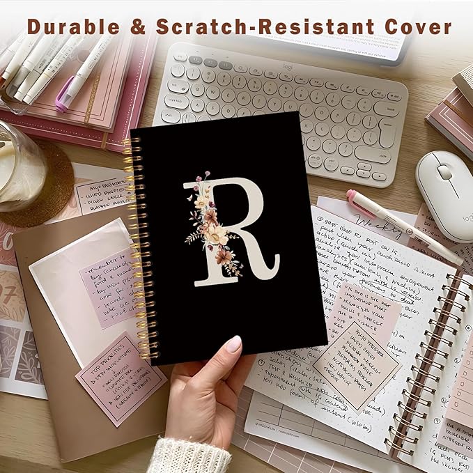 Lacama Black Initial Letter R School Notebook Journal, Cute Wildflower Personalized Spiral Notebook, School Supplies, Customized Monogrammed Gifts, Birthday Gifts for Women, Office Supplies