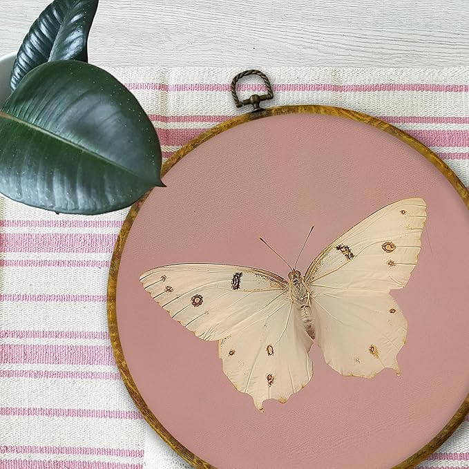 Mcehtle Vintage Butterfly Pink Wall Art Decor, Retro Cottagecore Butterfly Farmhouse Framed Canvas Prints 10x10, Neutral Moody Round Wall Hanging Artwork Decorations for Girls Bedroom Living Room
