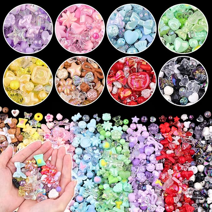 500-550PCS TINKRSTUFF Assorted Acrylic Beads, 8 Colors Mixed Cute Beads for Bracelet Making, Bow Aesthetic GummyBear Flower Butterfly Kawaii Charms for Jewelry Making DIY Necklace Keychain Phone Charm