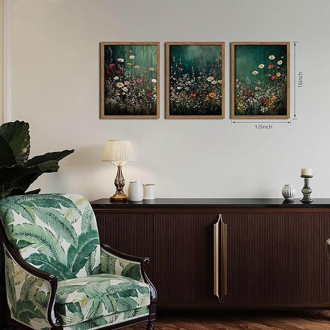 Vintage Wildflower Wall Art Set of 3, Moody Dark Green Flower Botanical Wall Decor Paintings,Nature Floral Farmhouse Landscape Posters Prints Pictures for Living Room Bedroom 12x16 Inch Wood Framed