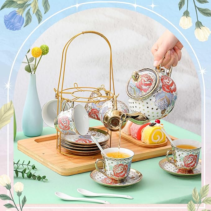 Zhehao 20 Pcs Porcelain Tea Set with Metal Holder and Spoon Adult Ceramic Tea Set European Flower Painting Teapot Cup Saucer Spoon for Women, Large Version(Romantic Style)
