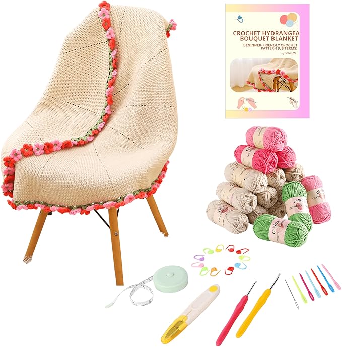 CSWCS Crochet Blanket Kit for Beginners, 40 inches Flower Bouquet Shawl Throw Kits for Adults, Learn How to Knitting with Yarn, Hook & Instructions, Gifts for Women Home Decor (Pink-red Hydrangea Kit)
