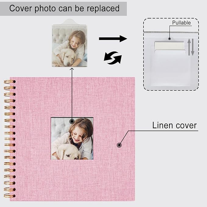 10 x 10 Inch Scrapbook Photo Album, DIY Memory Book Linen Cover for Photos, Hardcover Kraft White Pages Scrap Book Photo Albums for Travel, Wedding Anniversary Family Christmas Baby 40 Pages, Pink