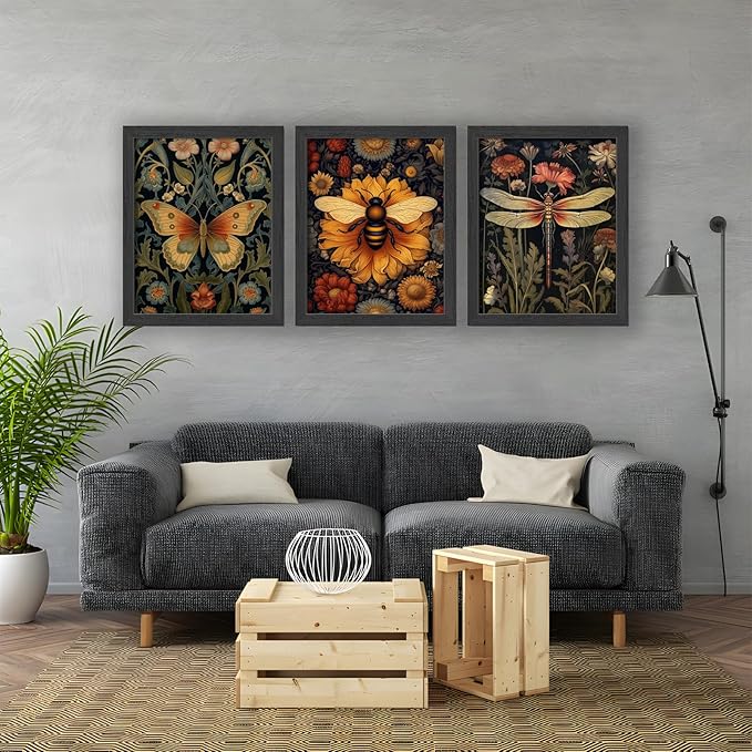 3 PCS William Morris Canvas Wall Art for Home Decor Bee Dragonfly Butterfly Painting Poster William Morris Botanical Insects Pictures Prints Wall Decor for Living Room Bedroom Home Decorations 12×16 in(Poster No Frame)
