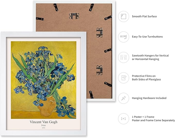 Monem Art Vintage Van Gogh Poster - Retro Irises Print - Flowers in Vase Art - Impressionism Art - Floral Art - Fine Art - Classic Painting Art - Living Room Wall Decor - 11x14 White Framed