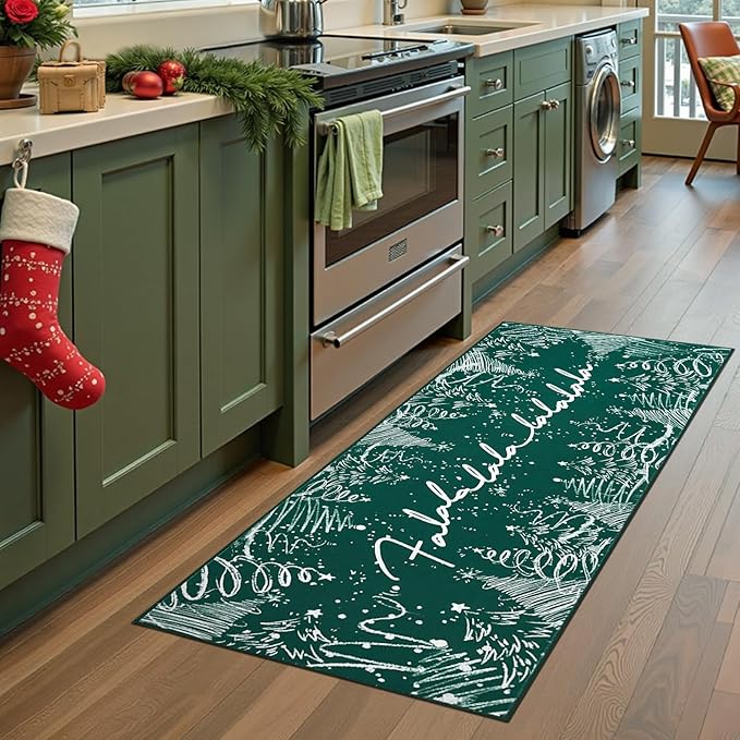 jinchan Deck The Halls Christmas Runner Rug 2x5 for Entryway Washable Christmas Tree Kitchen Rug Green Xmas Hallway Mat Non-Slip Soft Carpet Winter Festive Holiday Decor for Bathroom Porch Bedside