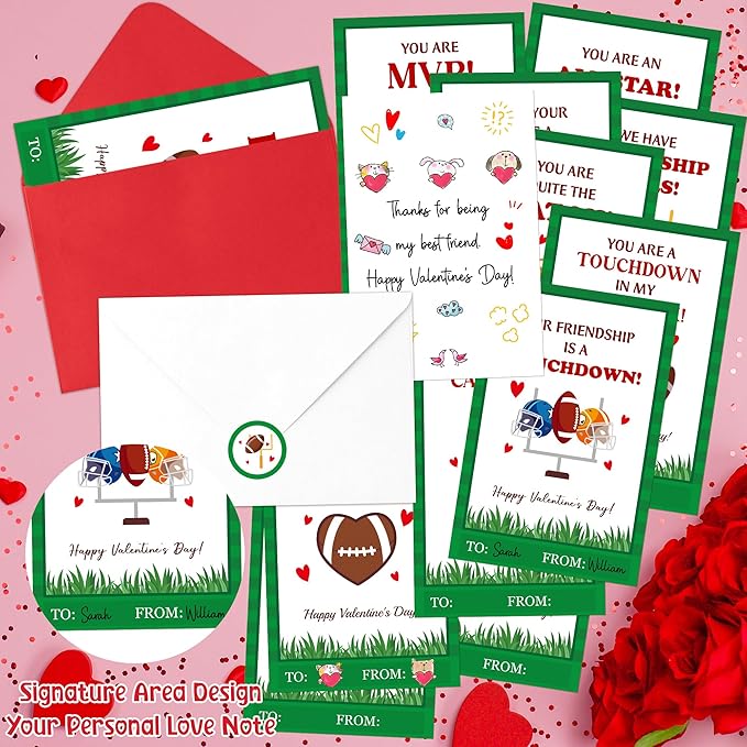TICIAGA 144pcs Valentine’s Day Football Greeting Cards with Envelop and Stickers for Kids, 4 x 6 IN Sport Theme Exchange Gift Cards for Boys and Girls School Classroom Supplies, Valentines Party Favors