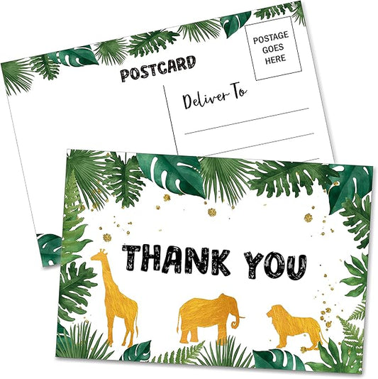 Birthday Thank You Postcards, Greenery Jungle Animals Thank You Cards for Kids Girls Boys Birthday Party, Baby Shower Party, Set of 20 (A01)