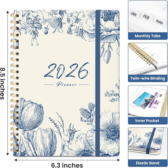 2026 Planner, Weekly and Monthly Calendar Planner for Women, Jan 2026 - Dec 2026, Hardcover Planning Agenda book with Tabs, Spiral Bound, Inner Pocket, Perfect for School Office Supplies, 6.3" x 8.5" - Blue Elegance