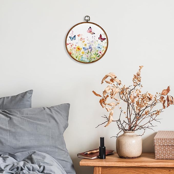 KSDUT Spring Floral Botanical Wall Decor Art - Butterfly Flower Wall Art Canvas Frame Hanging Prints, Preppy Trendy Wildflower Round Wall Art Decor for Farmhouse Gallery Home Decorations 10"x10"
