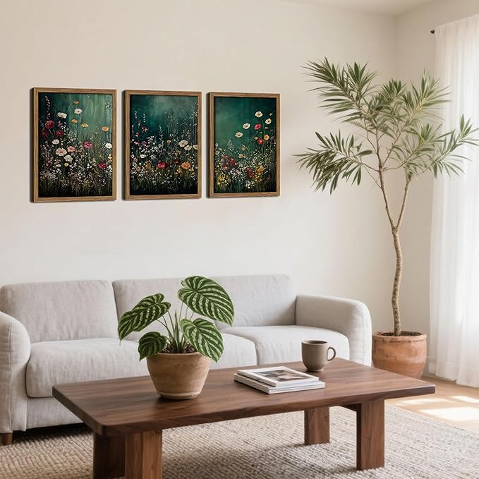 Vintage Wildflower Wall Art Set of 3, Moody Dark Green Flower Botanical Wall Decor Paintings,Nature Floral Farmhouse Landscape Posters Prints Pictures for Living Room Bedroom 12x16 Inch Wood Framed
