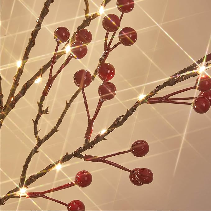 Hairui Red Berry Branches with Lights 32IN Battery Operated and USB Plug in, Lighted Willow Branches with Timer 80 LED Fairy Lights for Home Christmas Decoration Inside