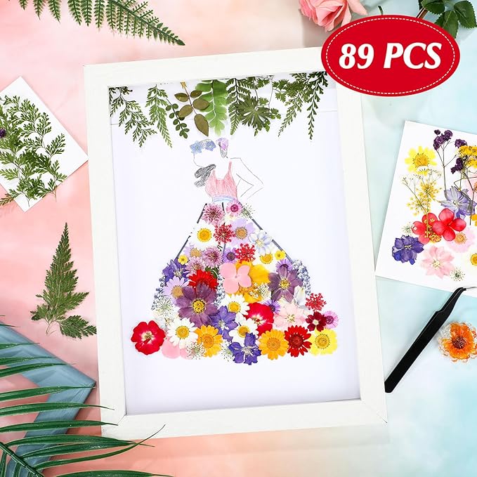 Nuanchu Pressed Flowers Bulk Dried Flower for Crafts Dried Wildflowers Leave Natural with Tweezer for Resin Mold Candles Cake DIY Christmas Craft Card Making Wedding Scrapbooking Supplies