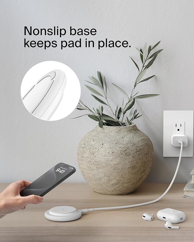 Belkin Magnetic Wireless Charging Pad 15W - MagSafe-Compatible Qi2-Certified Wireless Charger for iPhone 16 Series, Samsung Galaxy S25, AirPods, & More w/Non-Slip Base, Power Supply Included - White