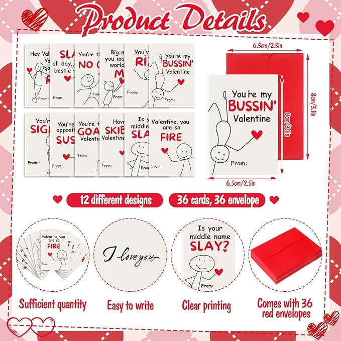 Yinder 24 Set Mini Valentines Day Cards with Envelopes Funny Slang Themed Teen Tween School Valentines Funny Valentine's Day Card Set Gift for Student Classroom School Home Friends