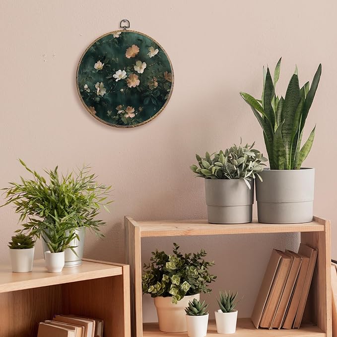 FUGWN Vintage Moody Wildflower Round Wall Art Decor Framed, Dark Cottagecore Flower Botanical Canvas Artwork Prints, Green Retro Floral Wall Hanging Decorations for Home Bedroom Room, 10x10 Inch