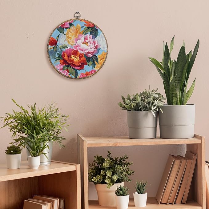 FUGWN Vintage Peony Floral Round Wall Art Decor Framed, Cottagecore Floral Canvas Artwork Prints, Rustic Farmhouse Flower Wall Hanging Decorations for Home Bedroom Living Room, 10x10 Inch
