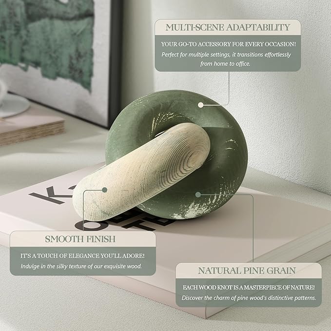 EOSAHR Boho Pine Wood Knot Decor - Wooden Chain Link Decor for Coffee Table, Book Shelf & Side Table - Decorative Knot with Simple Modern for Home Décor Accents (Green & Yellow)