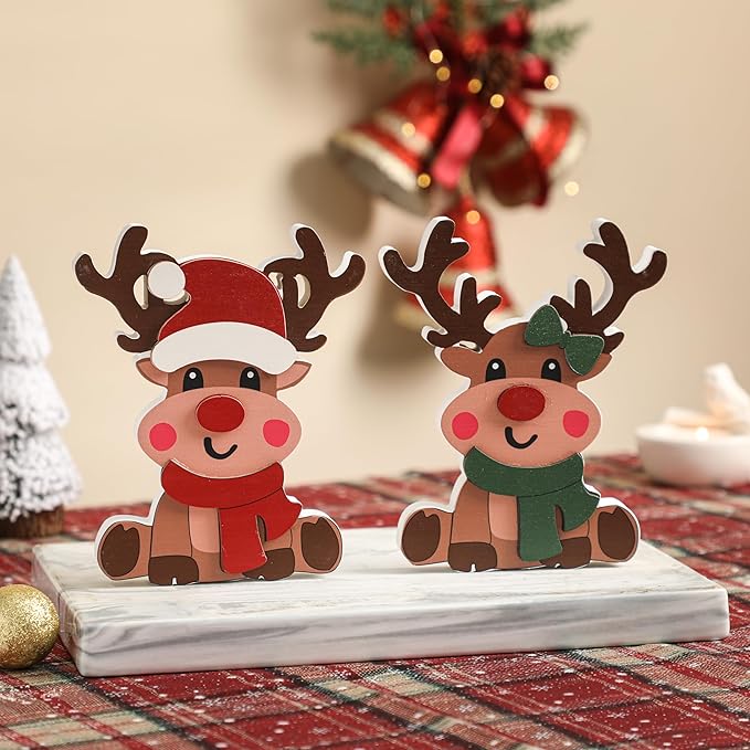 Amorita Reindeer Christmas Decor - 2 Piece Brown Reindeer Couple for Christmas Tiered Tray Decor - Elegant Wood Tiered Tray Xmas Centerpiece Table Decorations