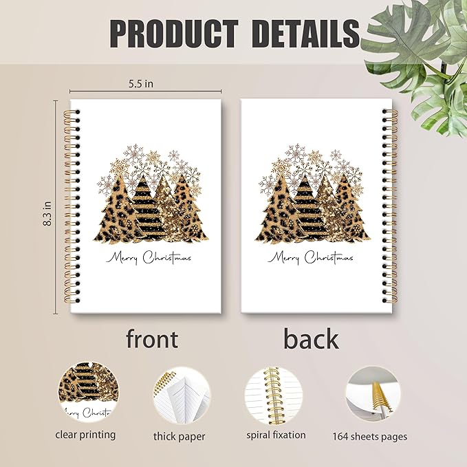 XNXLDYLH Gold Leopard Merry Christmas Tree Notebook Journal, Preppy Trendy Aesthetic Spiral Notebook, Funky Snowflake Journals Notebooks, Christmas Office School Supplies Gifts for Coworker, 5.5x8.3In