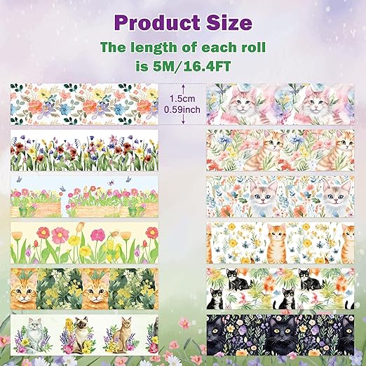 Spring Flower Washi Tape - 12 Rolls Vibrant Cat & Flower Designs, Acid-Free Paper with Residue Free Adhesive for Scrapbooking, Journal Decor, Gift Wrapping, Office Supplies & DIY Crafts